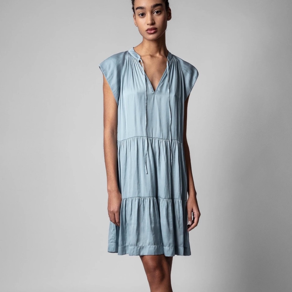 Zadig & Voltaire Rito Satin Mini Tiered Dress Women’s XS Light Blue Flowy Classy
